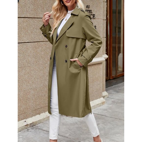 Women's Army Green Double Breasted Causal Windproof Long l Pocketed Trench Coats - Picture 4 of 5
